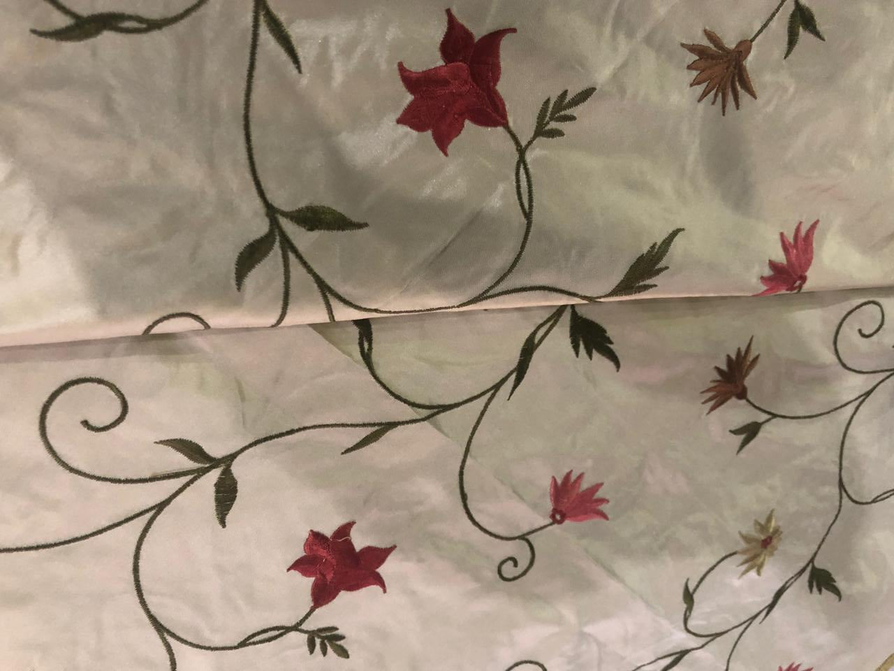 100% Silk TAFFETA  EMBROIDERY 44" WIDE cream with scarlet, brown ,blue and yellow flowers TAFE22[3]