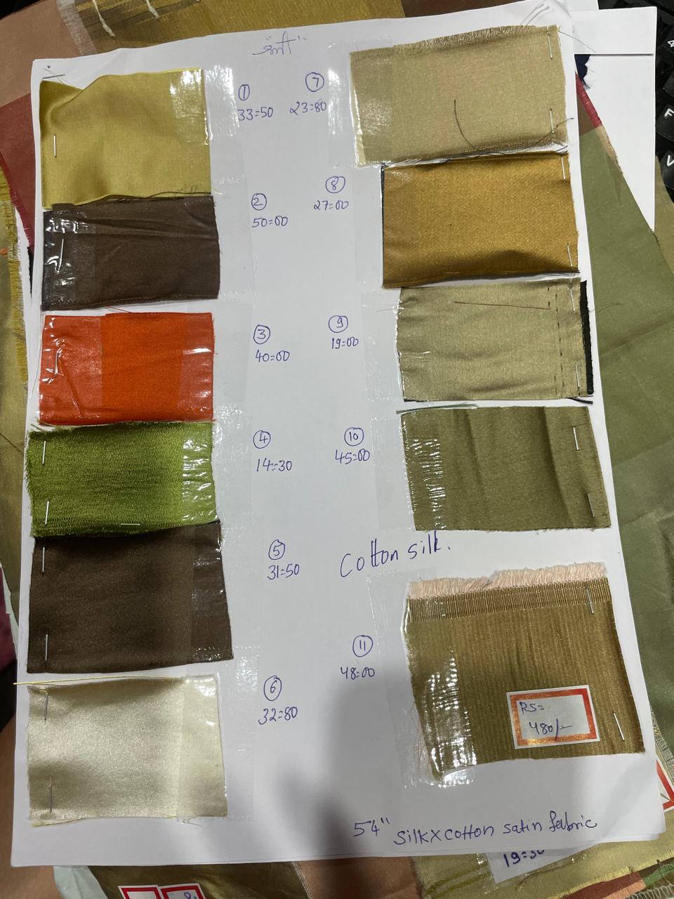 50% Silk 50% Cotton ,Cotton Silk 54" wide available in 5 colors khaki x black ,white gold ,sand gold, gold and mint