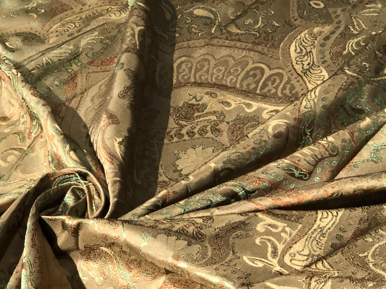 Silk taffeta jacquard fabric REVERSABLE GOLDEN BEIGE / GREEN AND MUSTARD DAMASK 54" WIDE TAFJ27C