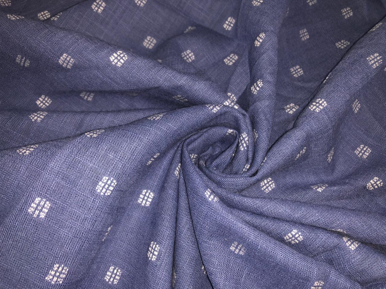 100% Cotton Chambray 58" wide DENIM BLUE COLOR with white dobby motifs [16617]