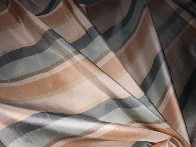 PURE SILK Dupioni FABRIC Dusty Shades of sea green ,rose, cream and grey color Stripes DUPS15[3]