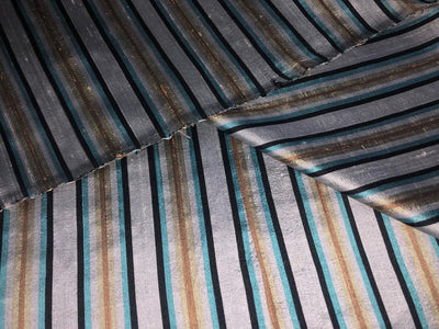 PURE SILK Dupioni FABRIC Silver grey, black ,blue and gold  color stripes DUPS12[1]