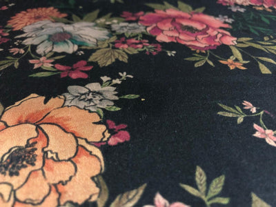 Viscose  Modal Satin fabric Digital pink,cream,orange,peach,green Floral Print 44" wide available in 3 colors black, dark teal and mustard gold