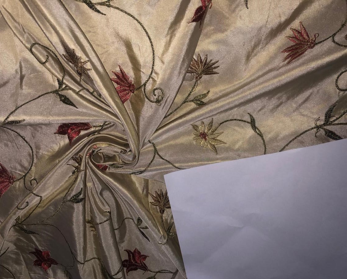 100% Silk TAFFETA  EMBROIDERY 44" WIDE cream with scarlet, brown ,blue and yellow flowers TAFE22[3]