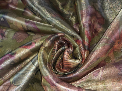 Silk metallic tissue organza fabric FLORAL JACQUARD 44 INCHES WIDE available in 2 colors grey with gold, pink ,blue flowers AND greeny gold with pink and orange flowers