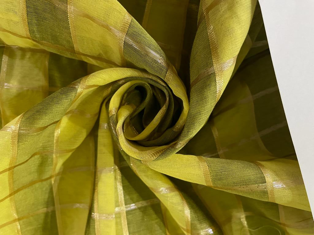 Cotton chanderi fabric plaids shade of lemon yellow x metallic gold 44" wide [9261]