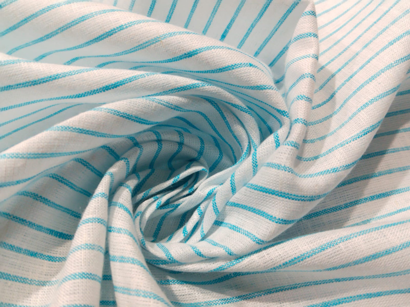 100% Linen stripe 60's Lea Fabric 58" wide available in two colors blue/ white and ivory ,yellow and brown .