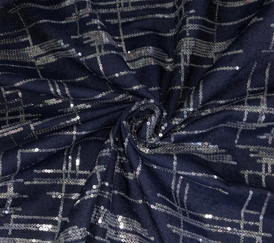 100% Cotton Denim Fabric 58" wide WITH SILVER SEQUENCE  available in 2 designs floral [DENIM BLUE AND BLACK] and squares