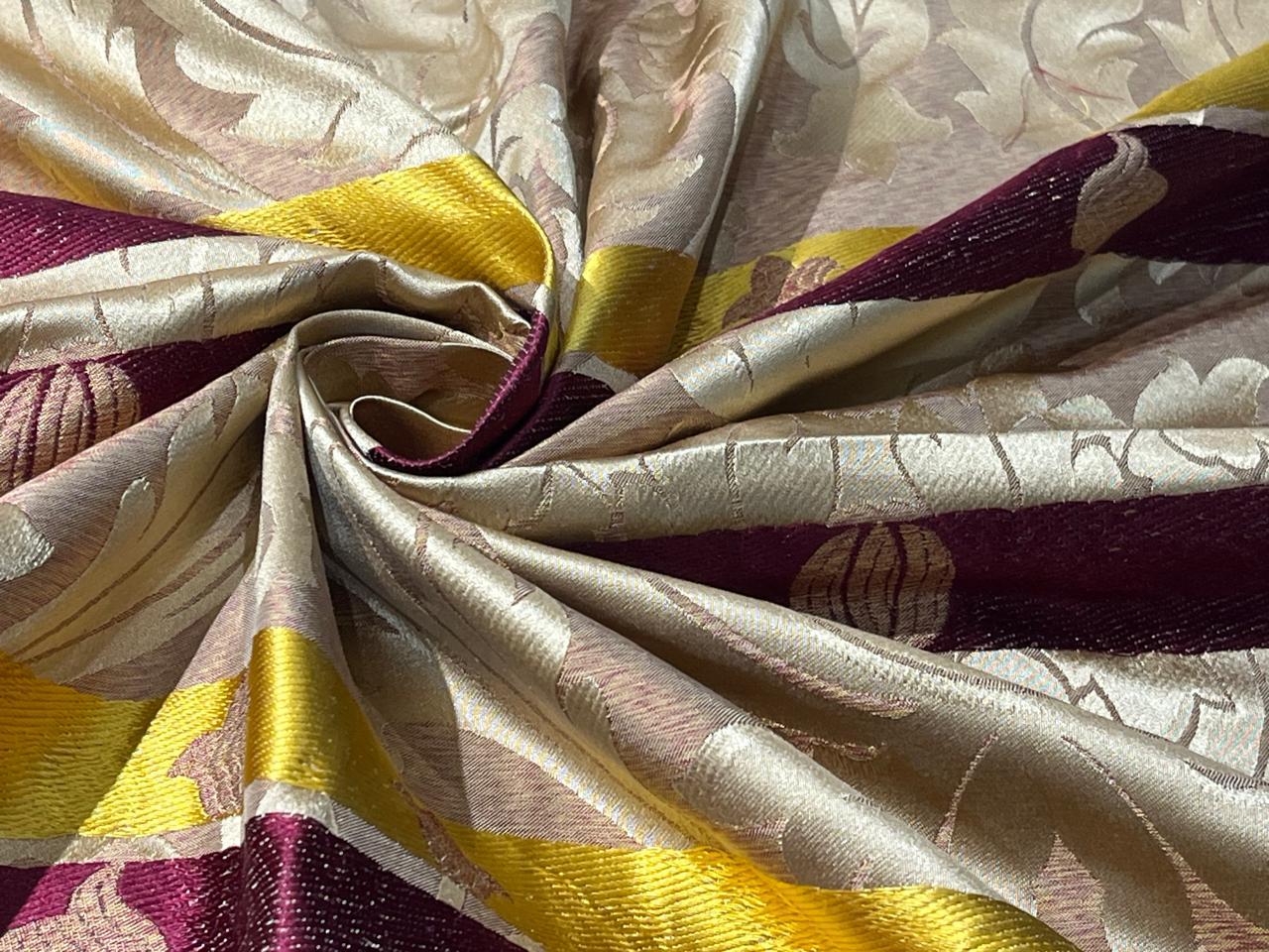 100% Silk Taffeta Jacquard Fabric  REVERSABLE one side floral gold  with yellow gold and wine stripes and other side floral gold with hints of wine TAFJACNEW18