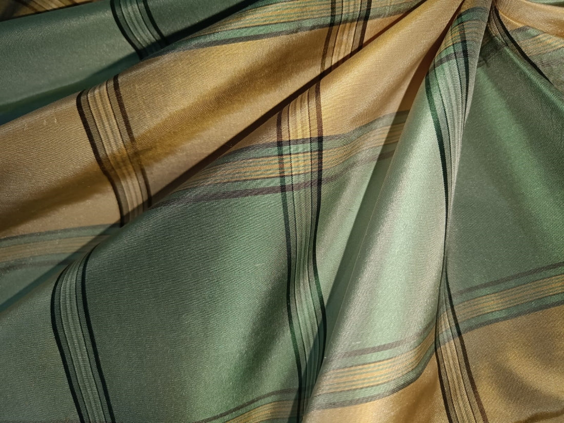 SILK TAFFETA FABRIC blue gold and khaki color plaids 54&quot; wide TAF#C25[1]