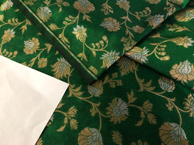 Silk Brocade fabric 44" wide   floral Jacquard with metallic gold and silver available in 2 colors green and navy   BRO937[4/5]