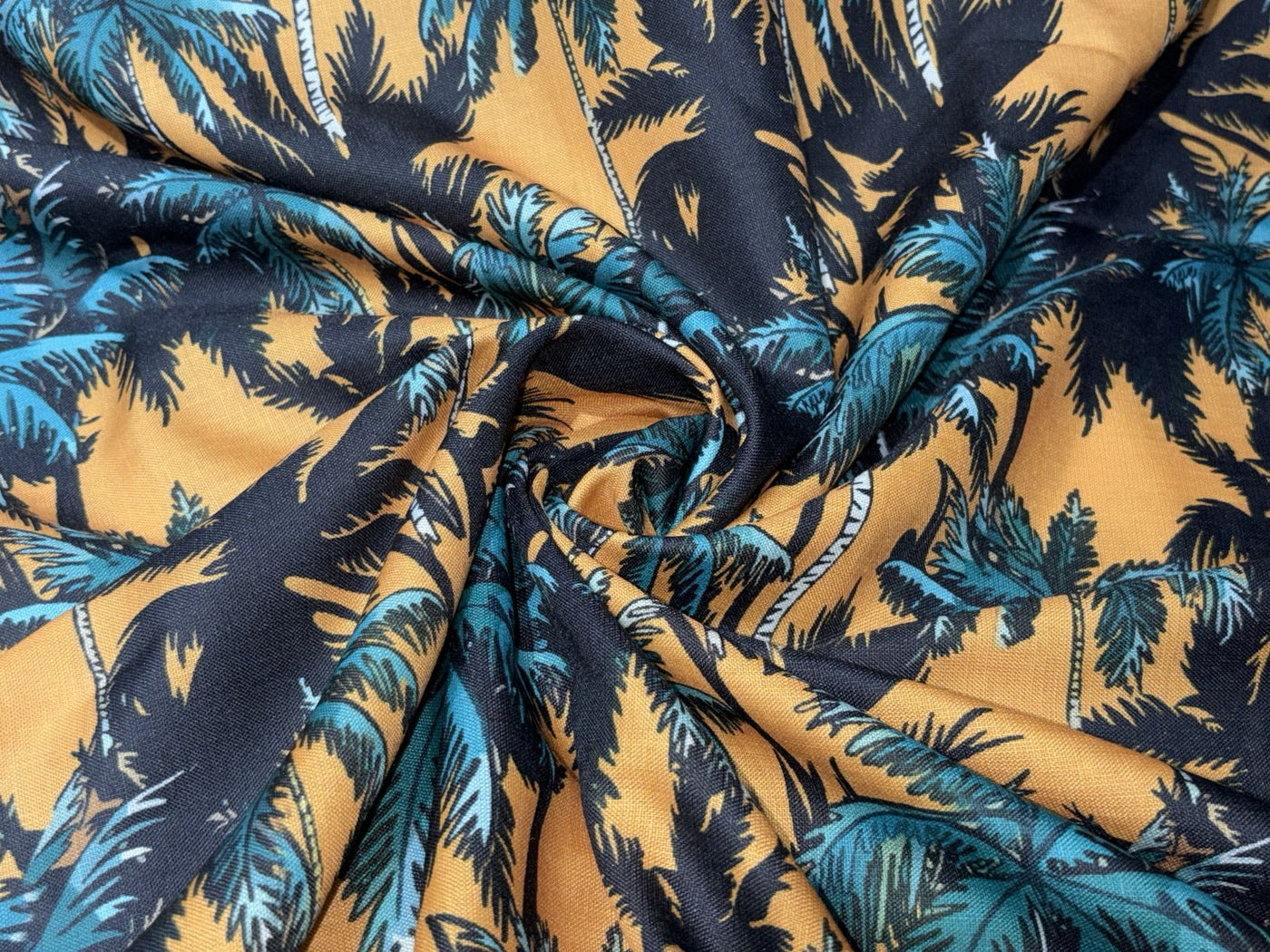 COTTON FEEL POLY MUSLIN PRINTED FABRIC 56" wide TROPICAL/ BEACH WEAR IN 4 DIFFERENT DESIGNS AND COLORS mustard palm, fancy waitress, holiday geometric and grey floral