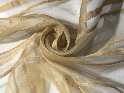 100% Silk mettalic tissue organza fabric DARK IVORY   with jute stripe design 54 INCHES WIDE [16858]]