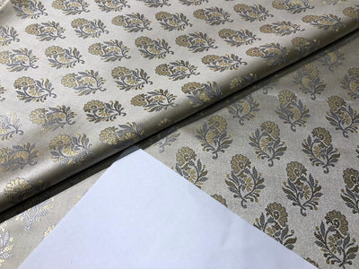 Silk Brocade Fabric sand gold with silver and gold flower motif 44" wide BRO964[4]