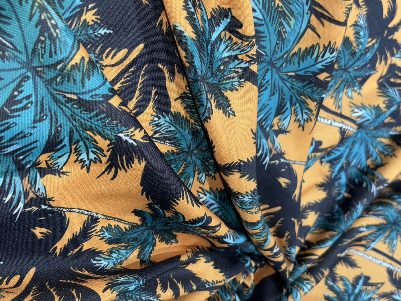 COTTON FEEL POLY MUSLIN PRINTED FABRIC 56" wide TROPICAL/ BEACH WEAR IN 4 DIFFERENT DESIGNS AND COLORS mustard palm, fancy waitress, holiday geometric and grey floral