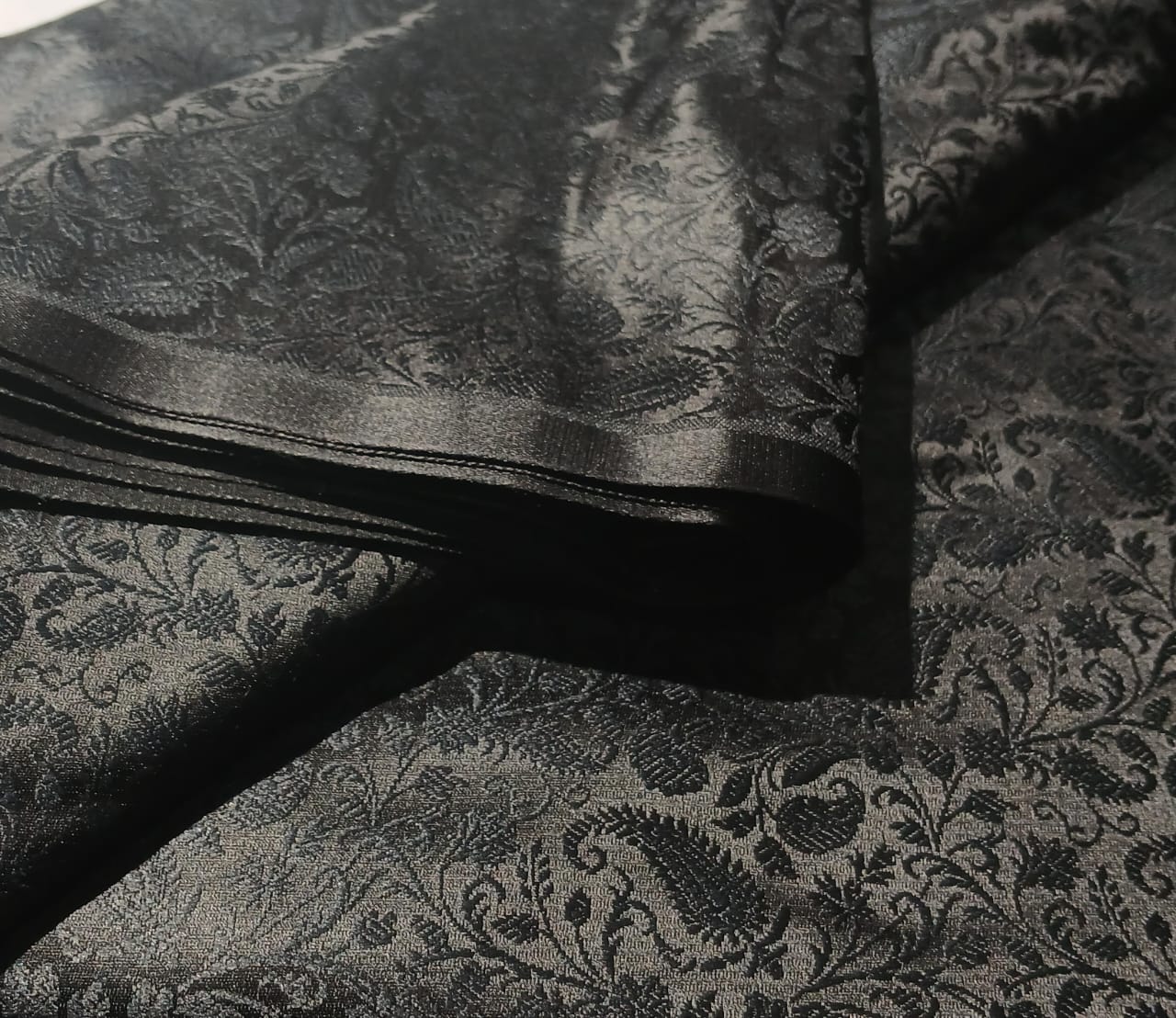 Silk Brocade Fabric JET BLACK SELF  jacquard 44" wide  BRO986 available in 3 styles paisleys ,and leaf motifs