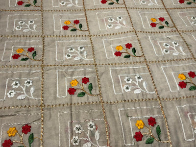 100 % Cotton Embroidered Fabric 44" wide BEIGE COLOR with red ,yellow, green floral motif in gold plaids [16108]