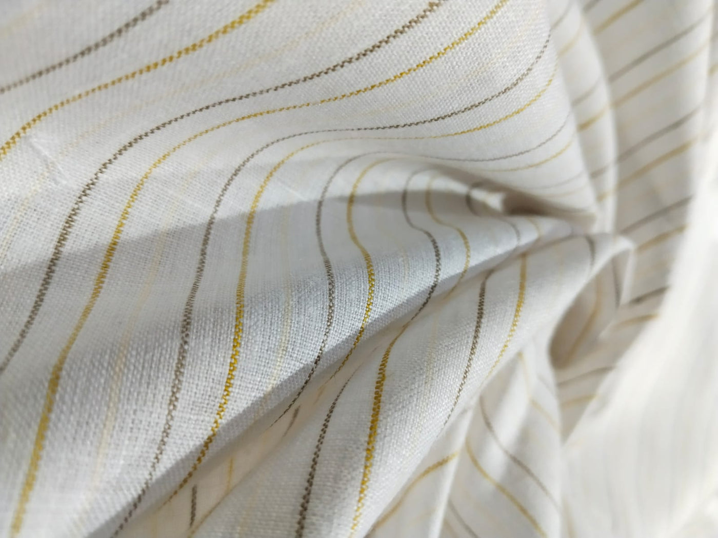 100% Linen stripe 60's Lea Fabric 58" wide available in two colors blue/ white and ivory ,yellow and brown .