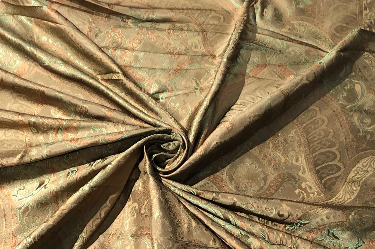 Silk taffeta jacquard fabric REVERSABLE GOLDEN BEIGE / GREEN AND MUSTARD DAMASK 54" WIDE TAFJ27C