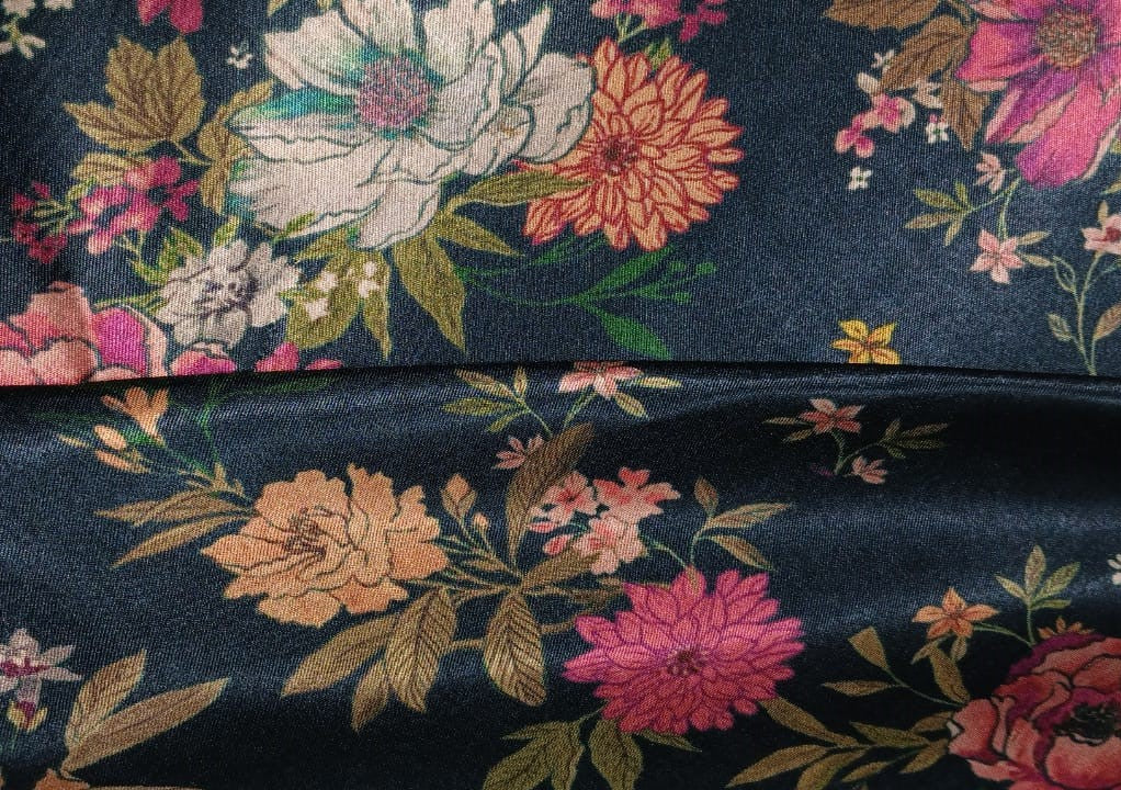 Viscose  Modal Satin fabric Digital pink,cream,orange,peach,green Floral Print 44" wide available in 3 colors black, dark teal and mustard gold