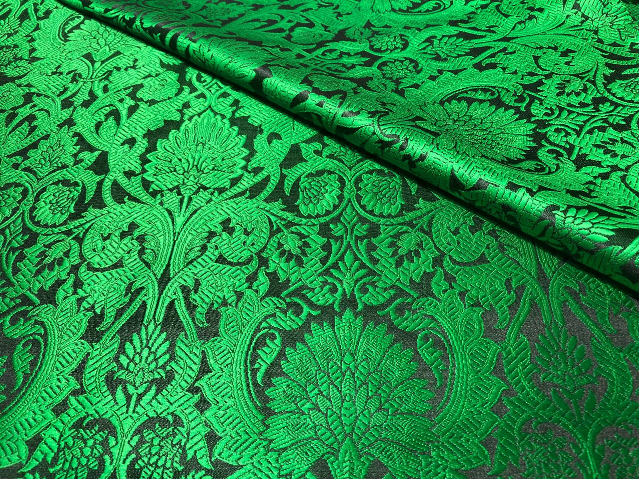 Silk Brocade fabric GREEN WITH BLACK  floral   jacquard  BRO1000[4]