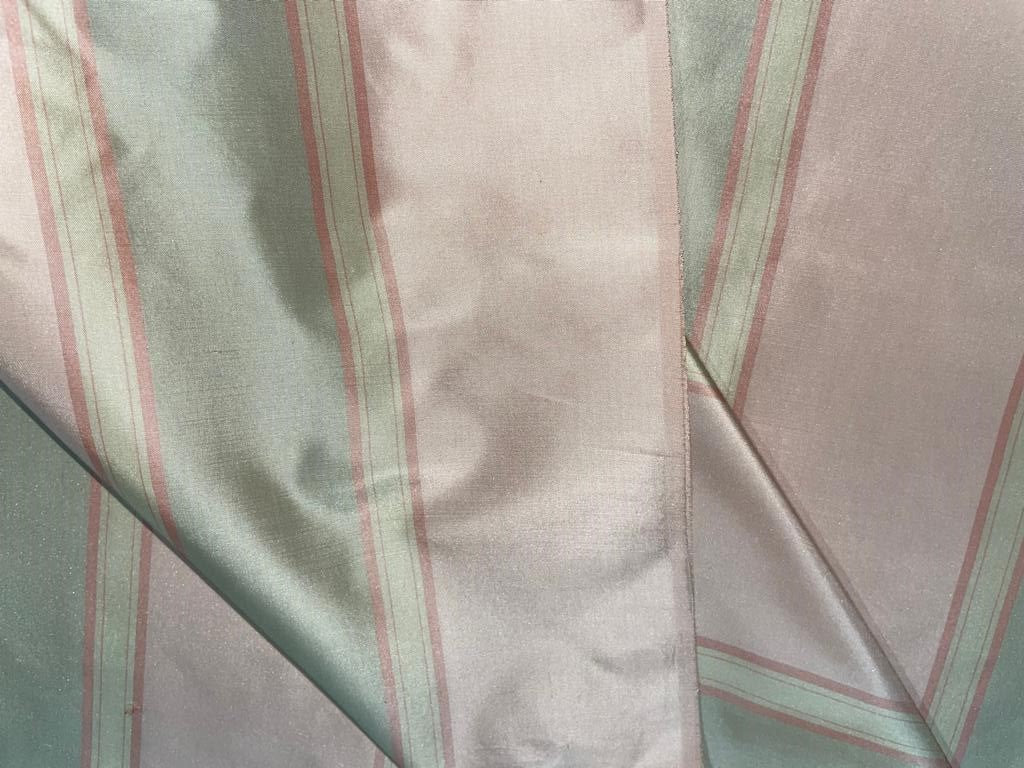 Silk Taffeta Fabric Pastel Light Peachy Pink, Green &amp; Golden Beige stripes TAFS29[3] 54&quot; wide