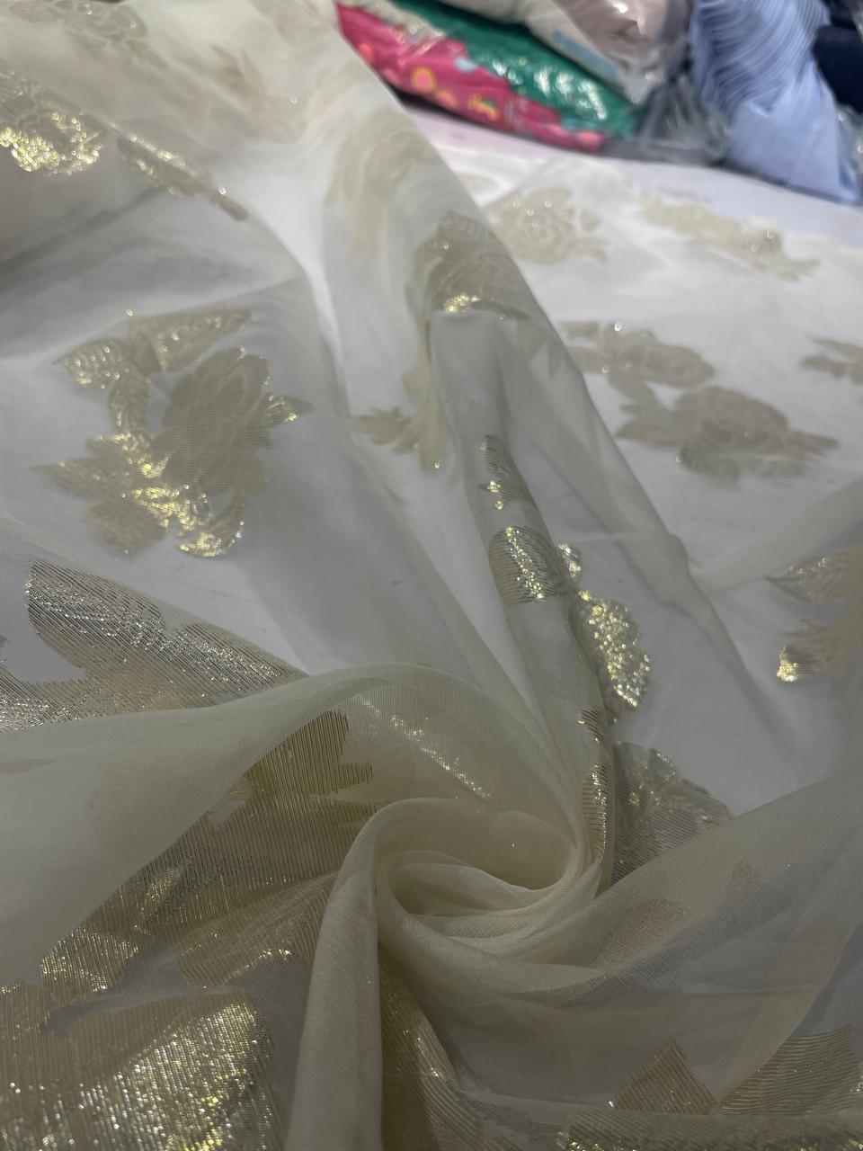 100% silk organza ivory with lurex  jacquard  ROSES 44" wide [16715]