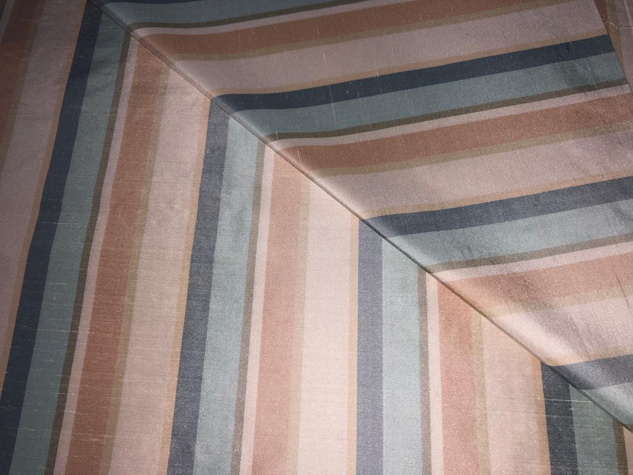 PURE SILK Dupioni FABRIC Dusty Shades of sea green ,rose, cream and grey color Stripes DUPS15[3]