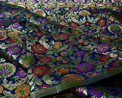 Brocade Heavy KING KHAB  Fabric DARK NAVY WITH   mustard and purple floral jacquard  with metallic white gold BRO990[4]