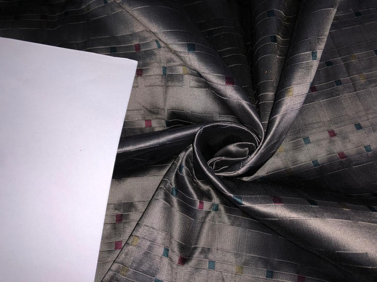 100% Silk Taffeta Jacquard Fabric  GREY jacquard plaids  with gold, kingfisher green and watermelon pink stripes 54" wide TAFJACNEW14[3]