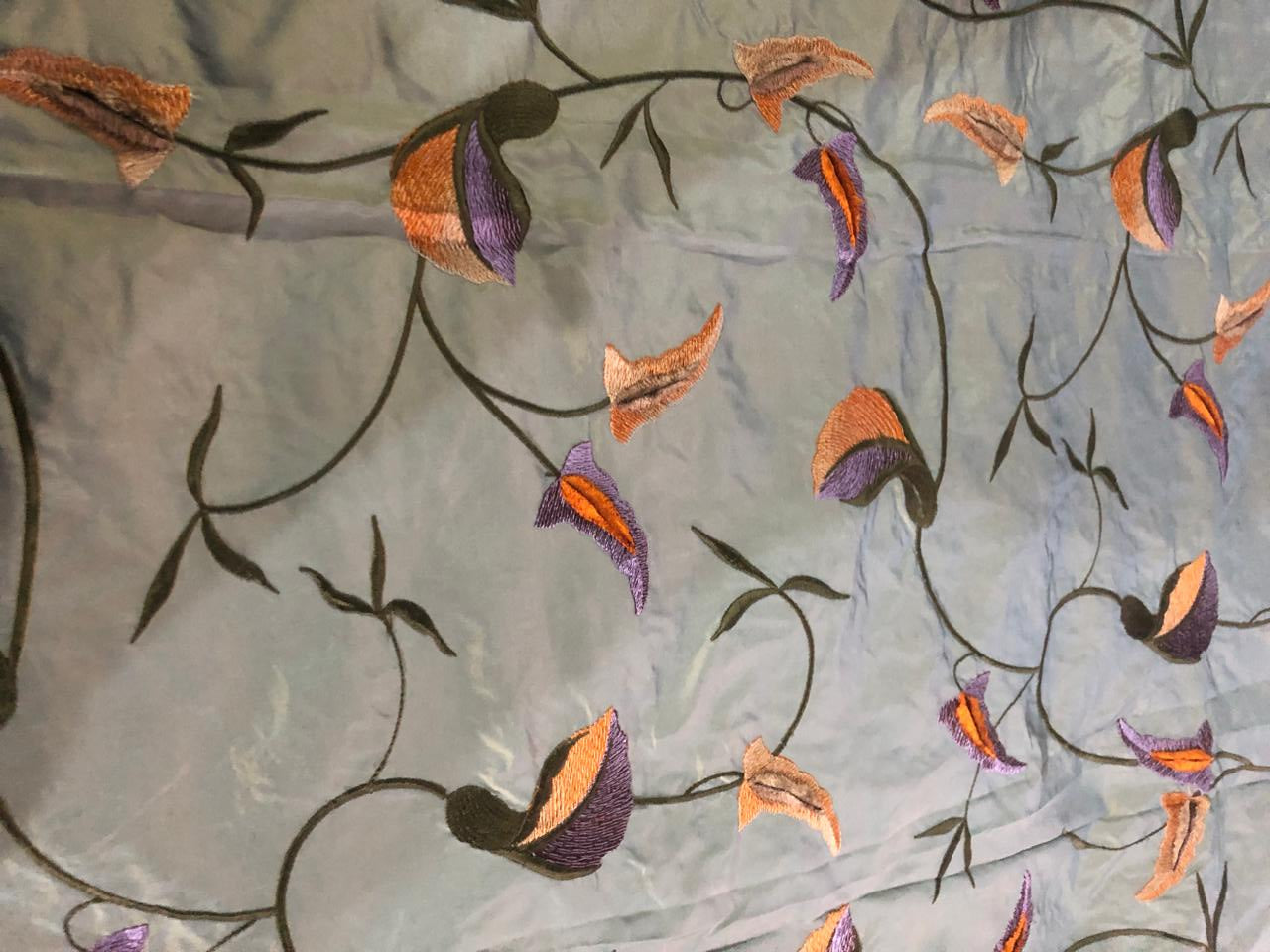 100% Silk TAFFETA EMBROIDERY 44" WIDE iridescent blue green   with  purple and orange  flowers TAFE22[2]