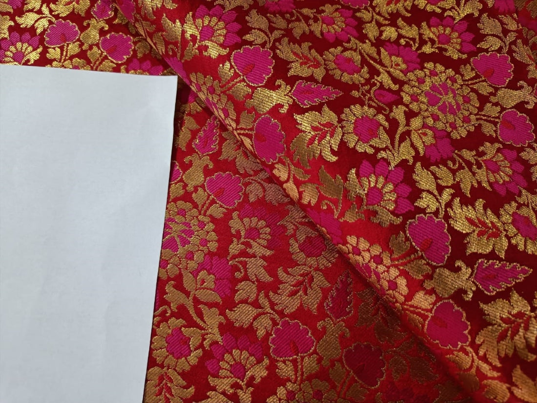 Silk Brocade fabric 44" wide BRO878 available in 5 colours [Mango/ Red , Emerald Green / Red ; Black/ Red ;Red/ Pink ; Navy /Pink AND METALIC GOLD