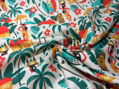 COTTON FEEL POLY MUSLIN PRINTED FABRIC 56" wide TROPICAL/ BEACH WEAR IN 4 DIFFERENT DESIGNS AND COLORS mustard palm, fancy waitress, holiday geometric and grey floral