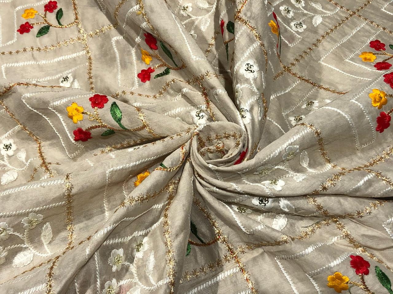 100 % Cotton Embroidered Fabric 44" wide BEIGE COLOR with red ,yellow, green floral motif in gold plaids [16108]