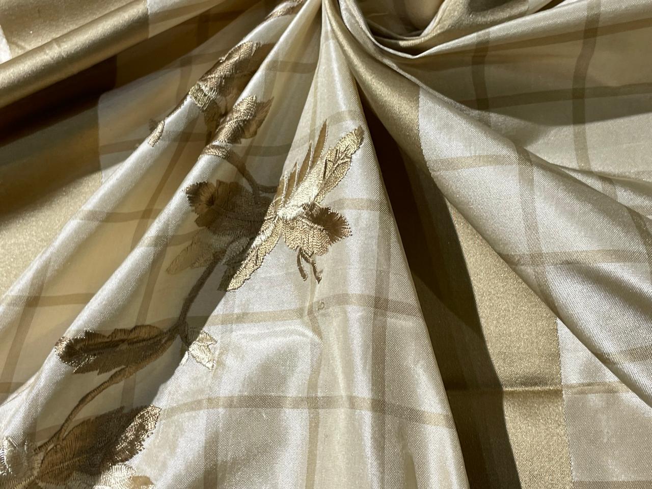 100% Silk Taffeta Jacquard Fabric  CREAM AND GOLD PLAIDS WITH GOLD JACQUARD LEAVES TAFJACNEW19