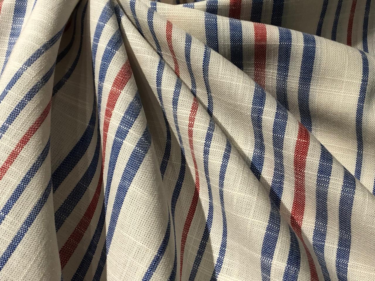 100% COTTON FABRIC with  slubs ivory with red blue stripes [16764]