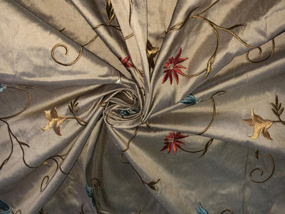 100% Silk dupioni EMBROIDERY 44" WIDE FAWN with rust ,blue ,white and yellow flowers DUPE69[5]