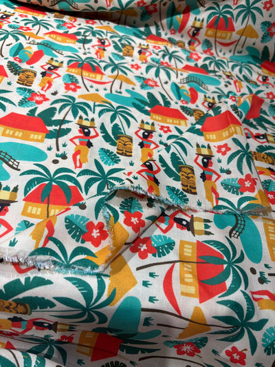 COTTON FEEL POLY MUSLIN PRINTED FABRIC 56" wide TROPICAL/ BEACH WEAR IN 4 DIFFERENT DESIGNS AND COLORS mustard palm, fancy waitress, holiday geometric and grey floral