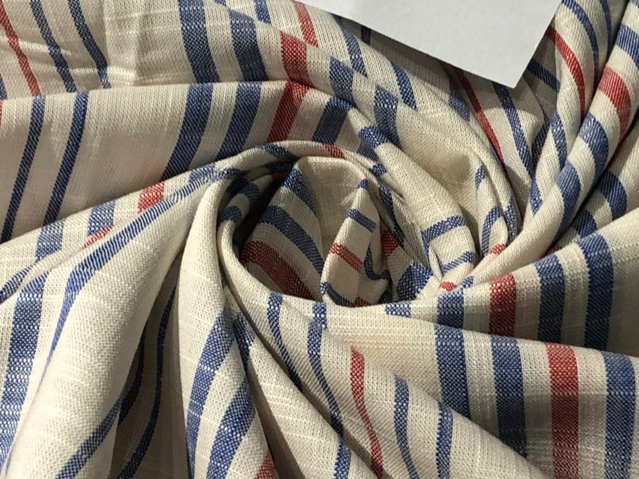 100% COTTON FABRIC with  slubs ivory with red blue stripes [16764]