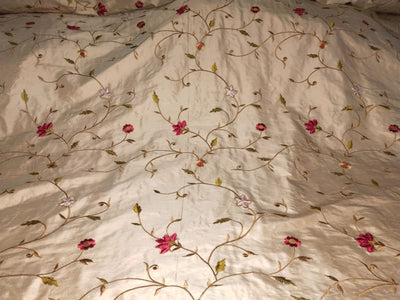 100% Dupioni SILK  fabric 110" wide IVORY WITH FLORAL EMBROIDERY [DUPEMB68_110"EMB]