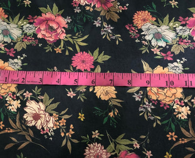 Viscose  Modal Satin fabric Digital pink,cream,orange,peach,green Floral Print 44" wide available in 3 colors black, dark teal and mustard gold