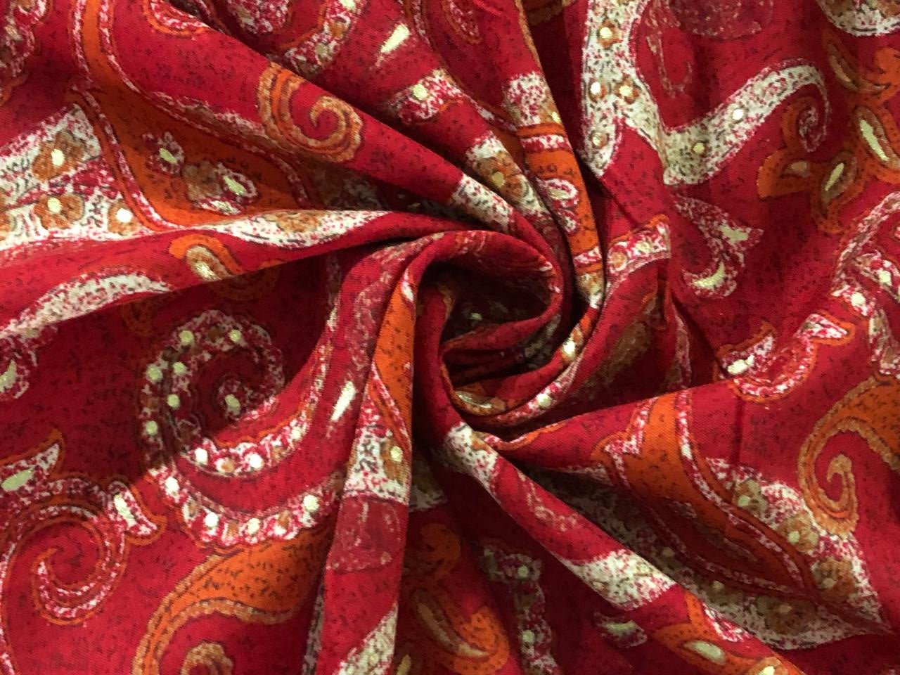 Premium Viscose Rayon fabric with foil print 58" wide available in four colors RED/PINK/PEACOCK GREEN AND MUSTARD GOLD