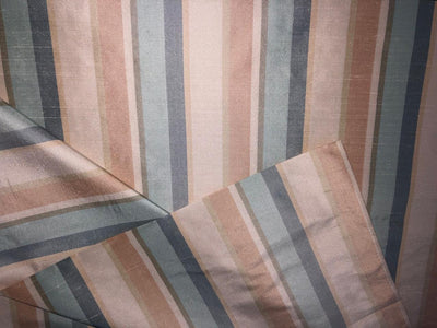 PURE SILK Dupioni FABRIC Dusty Shades of sea green ,rose, cream and grey color Stripes DUPS15[3]