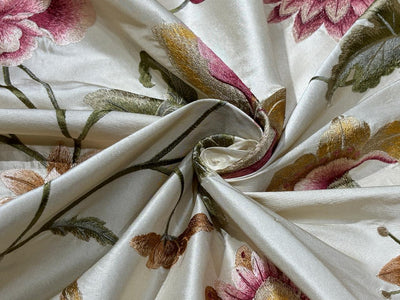 100% Silk dupioni silk 54&quot;-dark ivory with floral embroidery in  pink ,gold and olive floral DUPE64