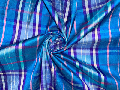 SILK DUPIONI Scottish tartan  plaids blue pink color DUPC64