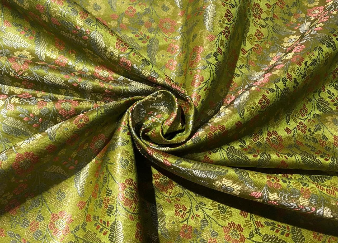 Silk Brocade  fabric~  44" wide FLORAL  jacquard available in 3 colors light olive ,mango and nude beige