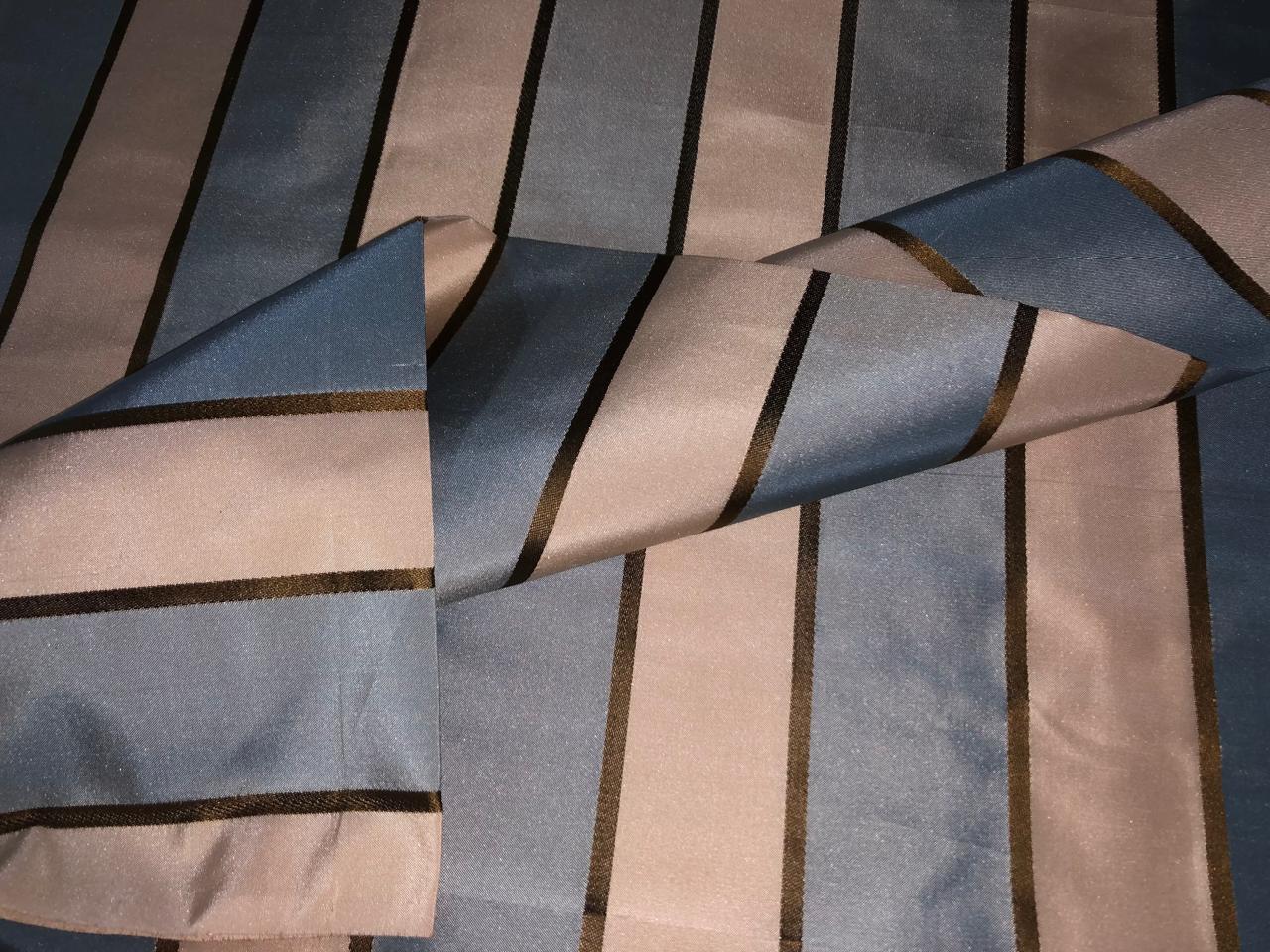 100% SILK TAFFETA IVORY ,SLATE BLUE AND GOLD  STRIPE 54" wide TAFSNEW10[1] [16155]