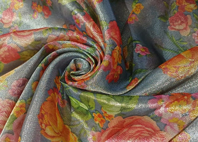 Silk metallic tissue organza fabric MULTI COLOR FLORAL JACQUARD 44 INCHES WIDE available in 5 colors SILVER GREY,MINT,PINK ,SILVER BLUE AND SILVER BLUE