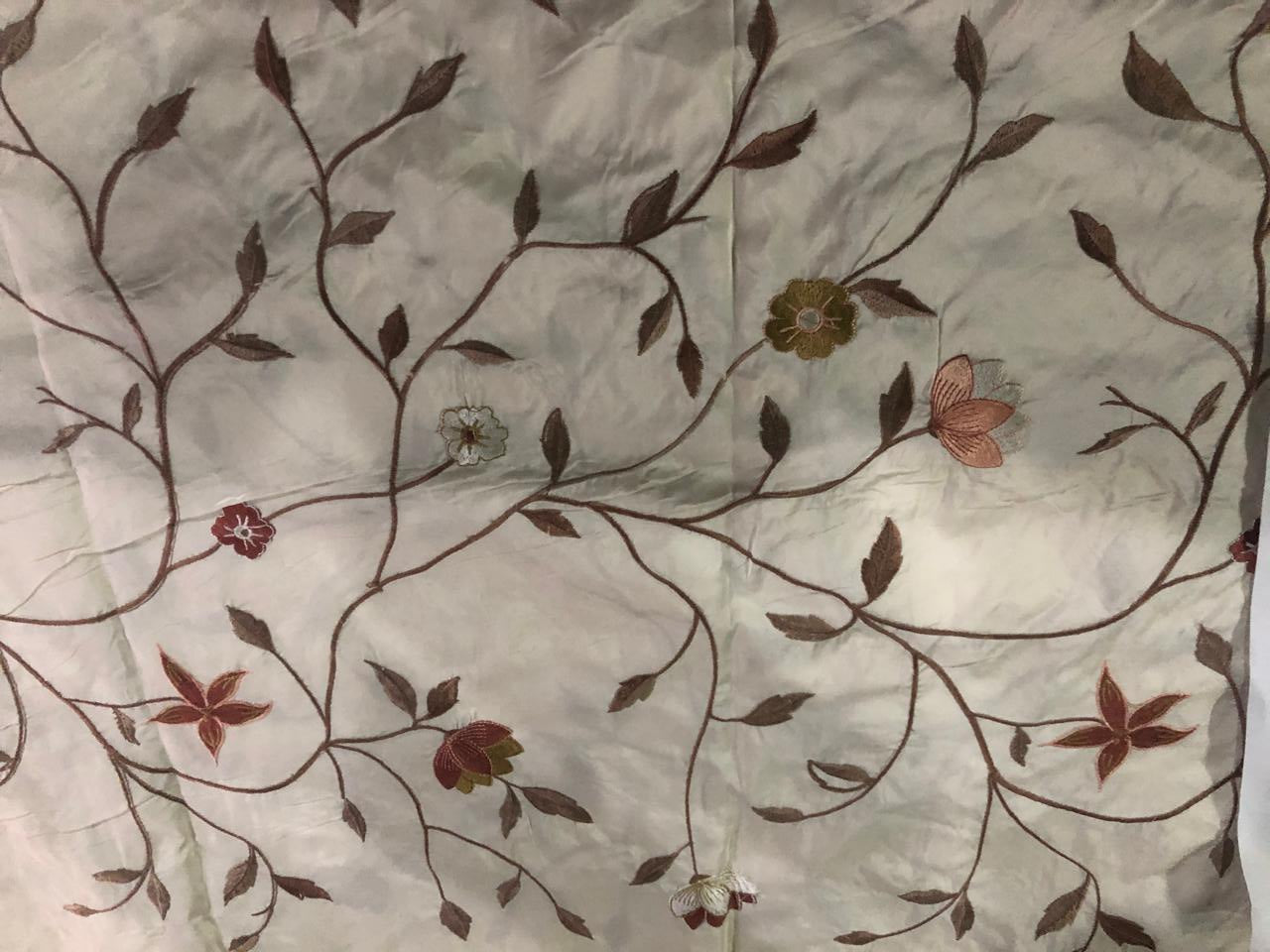 100% Silk TAFFETA  EMBROIDERY 44" WIDE ivory  with  brown flowers TAFE22[1]