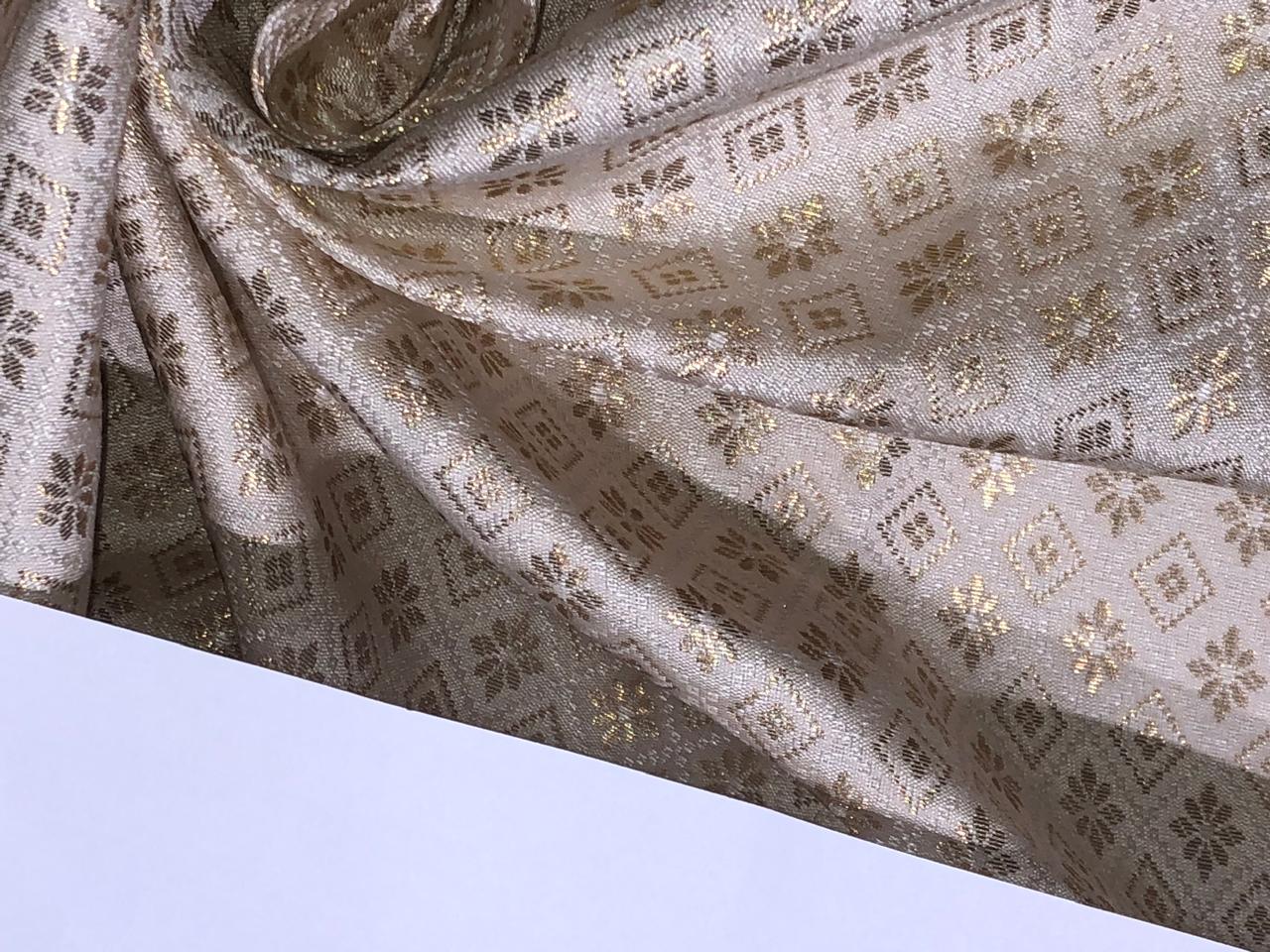 Silk Brocade fabric cream with diamond and floral  gold metallic  jacquard motifs BRO991[2]